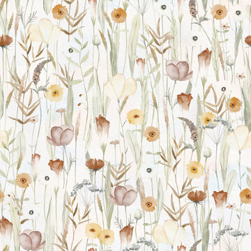 Seamless pattern with different wild flowers. Cute watercolor background for fabric, textile, nursery wallpaper. Meadow with wild flowers.