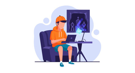 Young man working on laptop, digital art, metaverse concept, suitable for website banners, app interfaces, and presentations.