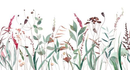 Vintage watercolor flowers horizontal border. Isolated on white background. Illustration for card, border, banner or your other design.