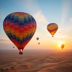 Naklejka premium Majestic flight of colorful hot air balloons over a vast desert landscape during a golden sunrise.