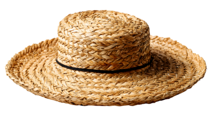 A small, woven straw hat, with a wide brim, casually placed, evoking sunny days and rustic outdoor living, isolated on a pure Transparent background.