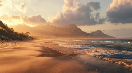 Obraz premium sunset beach landscape with mountains