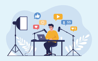 Content Creator Recording Podcast or Video with Microphone, Laptop, and Studio Lighting: Social Media Engagement Illustration flat vector illustration