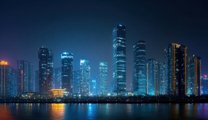 Fototapeta premium Illuminated cityscape mirroring in the water creates a stunning nighttime panorama of urban development and architectural grandeur.