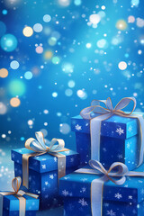 Festive blue gift boxes adorned with ribbons against a sparkling winter background