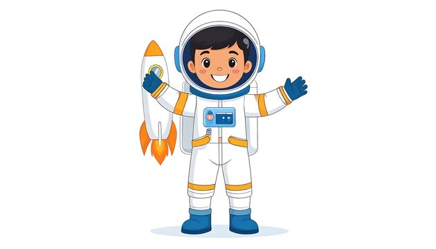 A smiling cartoon astronaut boy in a spacesuit, holding a rocket - Powered by Adobe