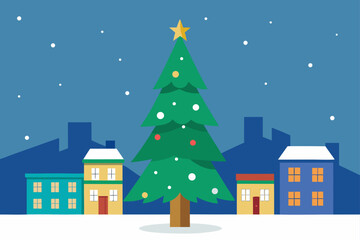 Tall Christmas Tree in a Village Square