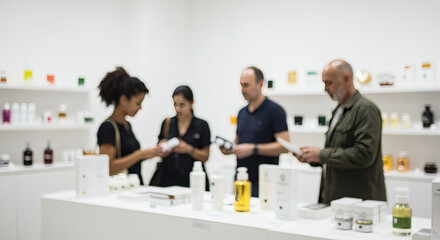 Customers browsing a modern beauty products store.