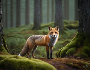 Fototapeta premium A lone fox. A high quality standing in a mystical Norwegian forest in the early morning. red fox vulpes.