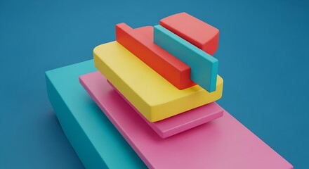 Colorful abstract 3D of stacked geometric shapes against a blue background