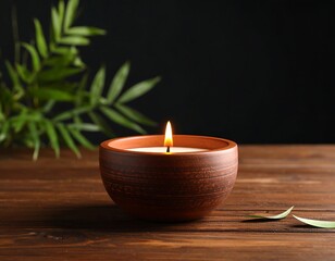 A lit candle in a rustic bowl sits on a dark wooden surface, with green foliage softly blurred in the background