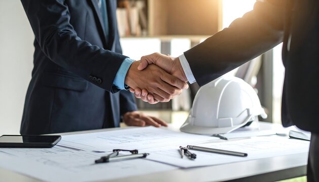 Businessmen shaking hands over blueprints