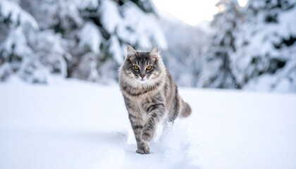 A longhaired cat walks toward the camera through a snowy landscape