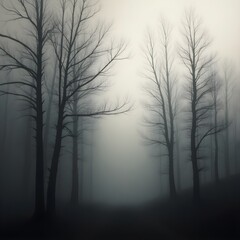 Obraz premium Eerie Forest Scene Misty Trees in a Dark Woodland Landscape