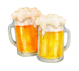 Two mugs of light beer with foam, watercolor illustration, isolated on white background. Clipart for Oktoberfest, festival flyers, pub decor, bottle labels, promo, menus and bar-themed designs