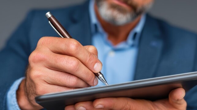 A businessman finalizes a deal by signing an electronic document, showcasing the ease of digital signatures in business.