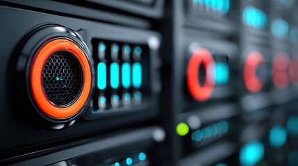 A modern tech setup showcasing advanced data servers and cyber security elements in a sleek, futuristic space.