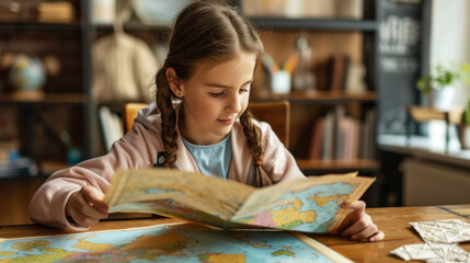 A young girl with braids looking at a map spread out on a wooden table in a cozy room setting