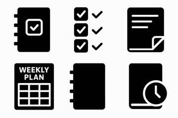 Black and white icons for notebooks, checklists, and planning with schedules