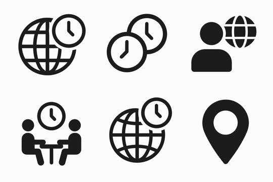 Global time management icons set: clock, globe, meeting, location symbols