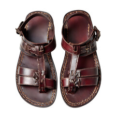 A pair of antique roman leather sandals with intricate detailing and buckles isolated on transparent background