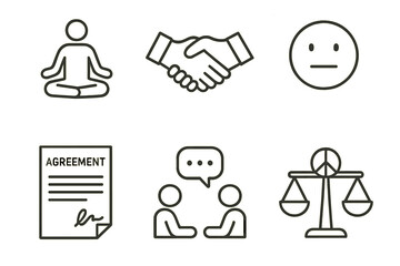 Business communication symbols: agreement, discussion, balance, meditation, emotion, handshake