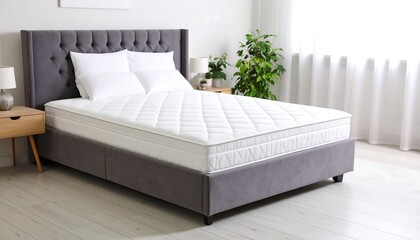 A neatly made bed with a quilted mattress sits in a bright bedroom