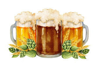 Watercolor illustration of three beer mugs with frothy tops, surrounded by wheat stalks and green hop cones. Suitable for Oktoberfest posters, craft beer labels, brewery ads, and festive designs.