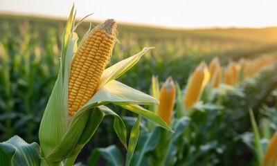 Golden corn cob in a field at sunset