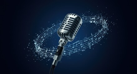 Classic microphone with musical notes on dark blue background