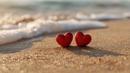 Closeup of two red hearts resting on golden beach sand with soft ocean waves and warm sunlight in peaceful romantic setting