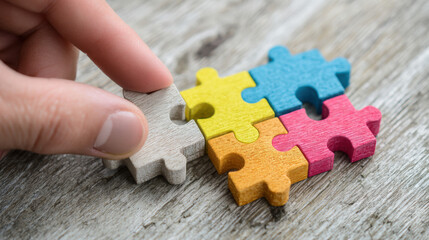 Businessman's Hand Connecting Colorful Puzzle Pieces on Wood Surface