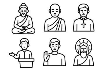 Line art illustrations of diverse religious figures in various poses