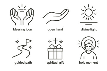 Spiritual symbols: blessing icon, open hand, divine light, guided path, spiritual gift, holy moment