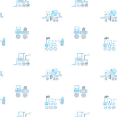 Toy cars. Blue watercolor illustration of construction machinery, truck, excavator, tractor, bulldozer. Cute seamless pattern.