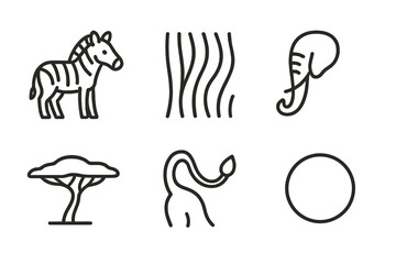 African safari icons: zebra, elephant, acacia, and nature symbols