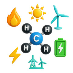 Power Production Hydrocarbon concept. Colorful energy and science icons with a central carbon atom.