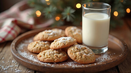 a tray of holiday cookies and milk