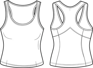 Professional Flat Sketch of a Women's Racerback Performance Tank Top, Front and Back Views, Ideal for Activewear Design, Technical Illustration, and Apparel CAD Templates, Perfect for Fitness.