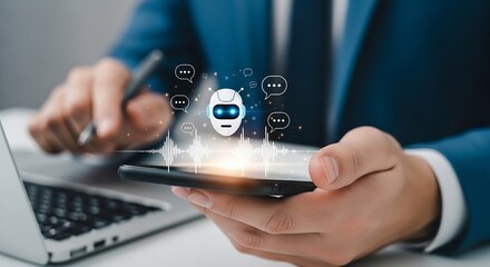 AI Chatbot Communication: Businessman Engaging with Artificial Intelligence on Smartphone for Seamless Digital Interaction and Automation Illustration