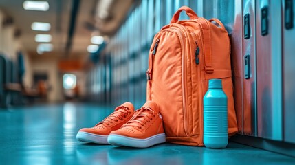 Orange backpack, shoes, and water bottle by lockers