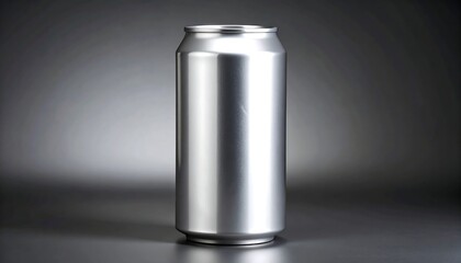 A sleek, silver aluminum can stands on a dark surface, reflecting light