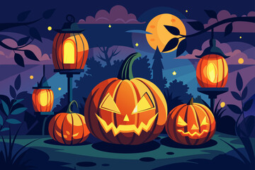 Glowing Pumpkin Lanterns in the Dark Seamless Background