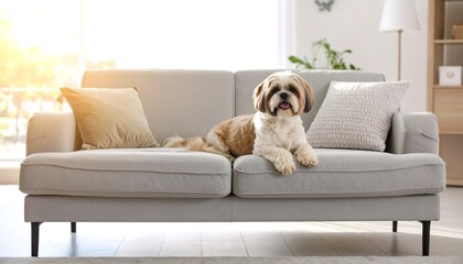A small, fluffy dog rests on a light gray couch in a sunlit living room
