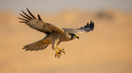 Graceful kestrel takes flight over the serene desert landscape with its wings outstretched in a moment of freedom