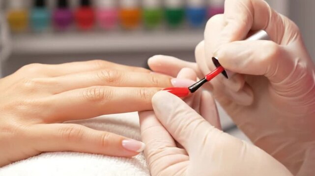 A manicurist in gloves applies red nail polish to a clients hand Row of nail polish bottles visible in the background