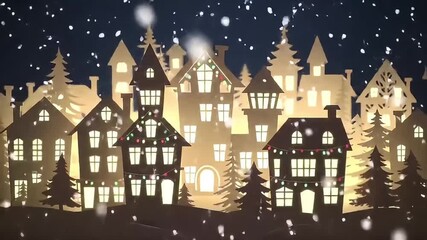 Enchanting animated winter village scene with paper-cutout houses, glowing windows, and falling snow at night. - Powered by Adobe