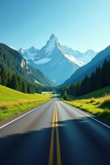 Naklejka premium Asphalt ribbon unwinding towards majestic snow-capped peaks, a scenic drive through verdant valleys and pine forests