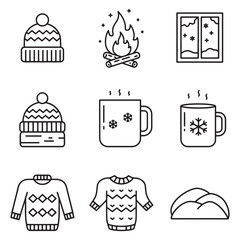 Vector illustration set of winter cozy elements like hats fire mugs and sweaters
