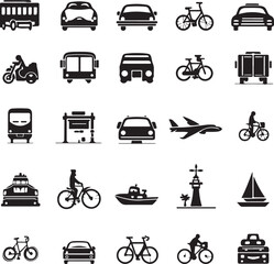 Collection of diverse transportation icons in black and white